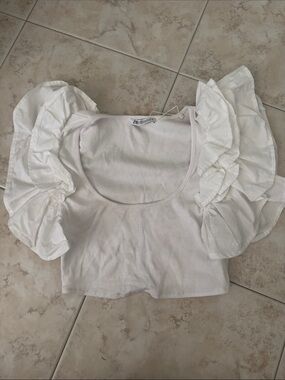 Zara White Ruffle-Sleeve Cotton Crop Top